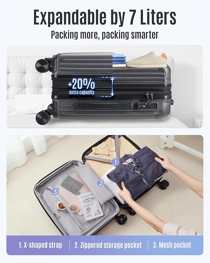LIGHT FLIGHT Carry On Luggage 22x14x9 Airline Approved, Durable Hard Shell Carry On Suitcases with Wheels, Expandable Hardside Lightweight Travel Luggage with TSA Lock 20 Inch Carry on, Glacier Gray