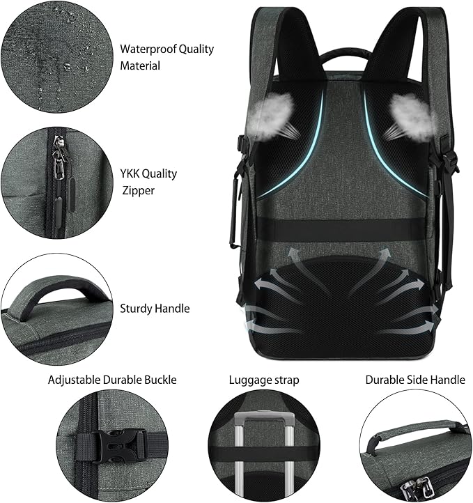 Lubardy Travel Backpack for Men Women 17 Inch Flight Approved Carry on Backpack Waterproof Large 40L Luggage Daypack Business College Weekender Overnight Laptop Backpack with 3 Packing Cubes, Grey