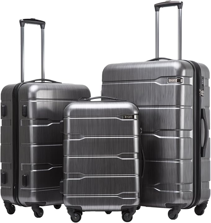Coolife Luggage Set 3 Piece Hardside PC+ABS Suitcase with TSA Lock, Expandable Large Checked Luggage, Lightweight Rolling Carry On with Spinner Wheels(20/24/28 Inch, Charcoal)