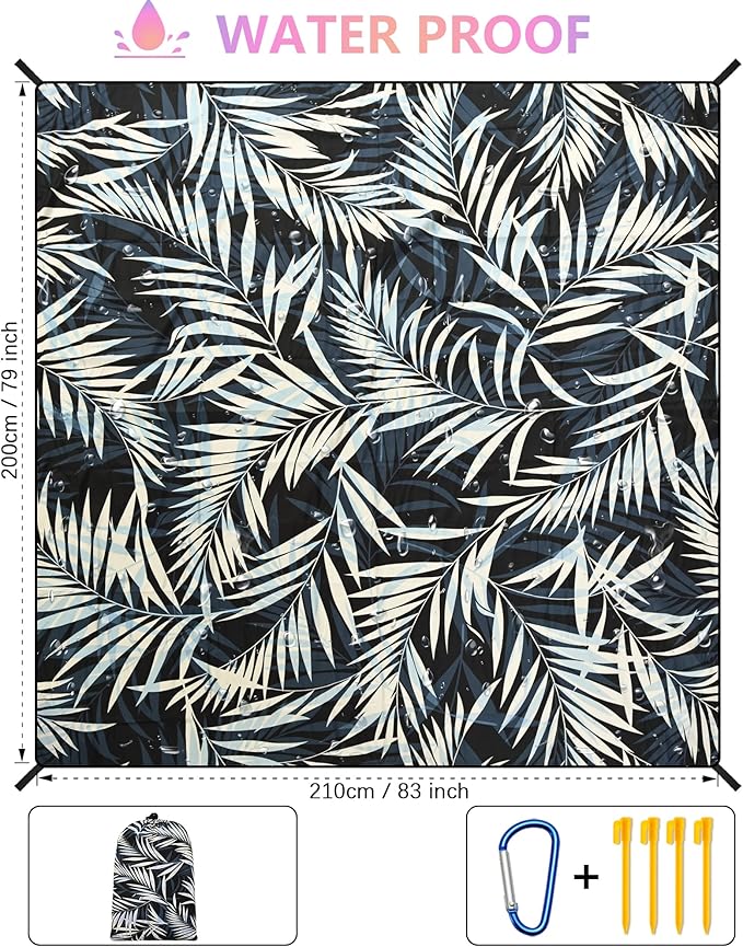 HIHOHO Beach Blanket Waterproof Sandproof Beach Mat 79”x 83” for 1-8 Adults Quick Drying Durable Outdoor Picnic Mat for Beach Festival Travel Camping Hiking (BK&W-Palm, 79"×83"(4 Person))