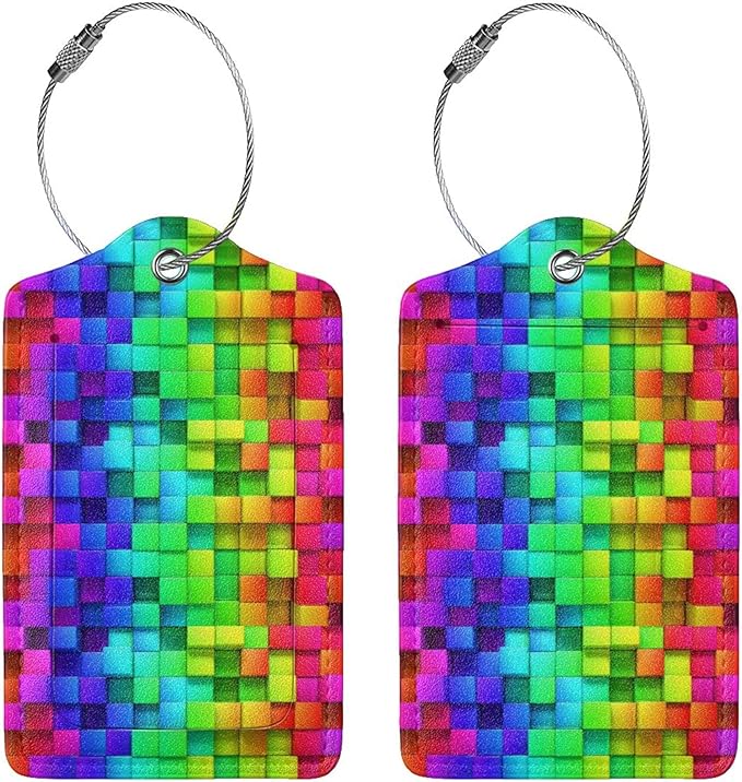 2 Pack Luggage Tags for Travel PU Leather Luggage Tag Name ID Labels with Privacy Cover for Suitcases Women Men Kids Girls (Color Grid)