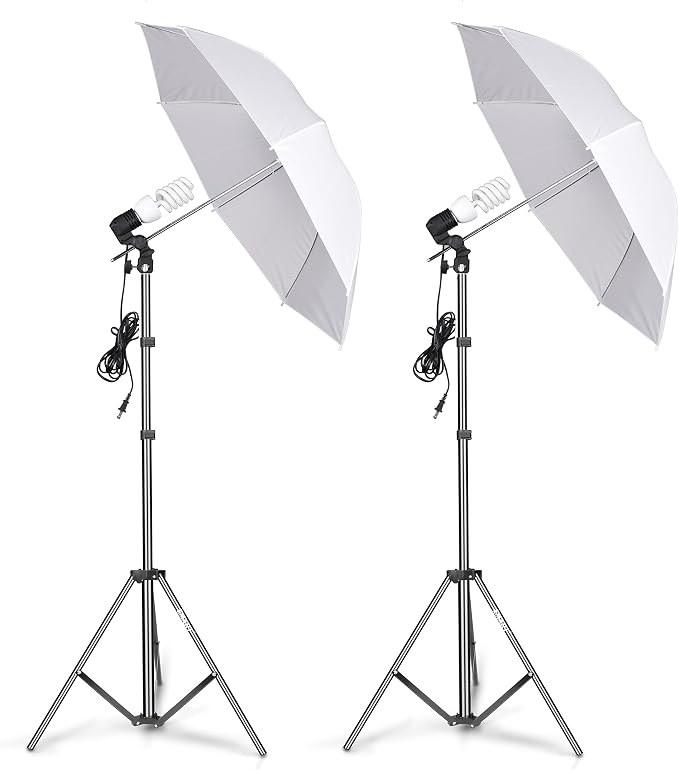 EMART Photography Umbrella, 400W 5500K Lighting kit for Vedio, Studio-2Pack | 33" Reflective Umbrella Lights with Stand & 2x45W E26 / E27 Spiral Light Bulbs, Continuous Photo Light for Camera Shooting