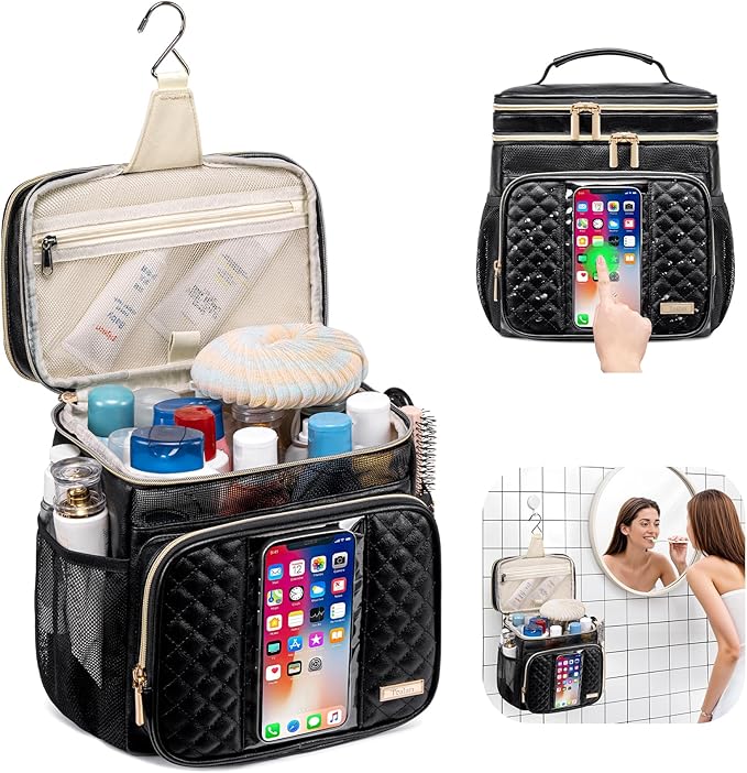 Large Leather Toiletry Bag for Women Men,Bathroom Bag,Water Resistant Shower Bag,Makeup Bag,Portable Shower Caddy for College Dorm,Hanging Travel Toiletry Bag with Transparent Waterproof Phone Pocket