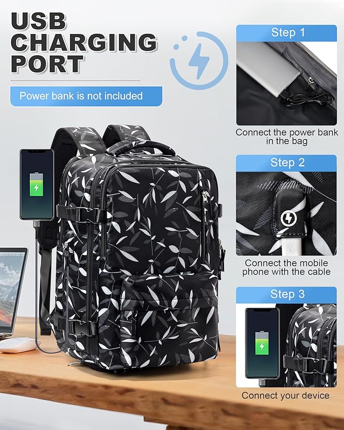 VGCUB Travel Backpack with Vacuum System Carry on 18x14x8 Inches Storage Compression Bags with Electric Pump Work Business Vacpack College Laptop Backpack for Women Men Leafy Black
