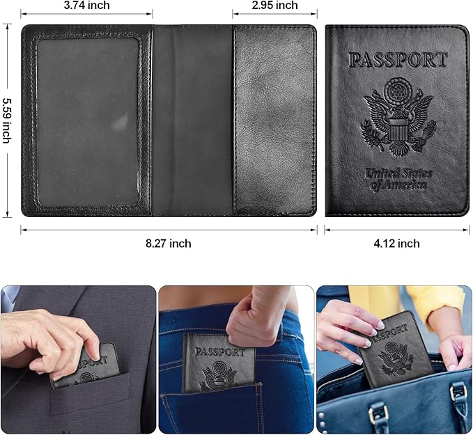 Eoehro Passport and Vaccine Card Holder Combo, Faux Leather, Compact, Lightweight, Waterproof, AA-Black