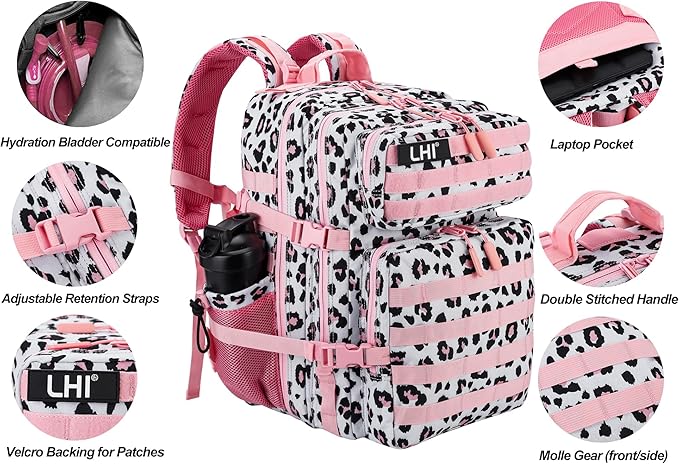 LHI Military Tactical Backpack for Men and Women 45L Army 3 Days Assault Pack Bag Large Rucksack with Molle System - Pink Leopard