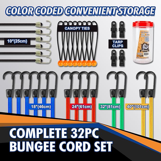Cartman 32 Piece Bungee Cords Assortment Jar Includes 10" 18" 24" 32" 40" Bungee Cord with Hooks, 8" Canopy Tarp Ball Ties and Tarp Clips