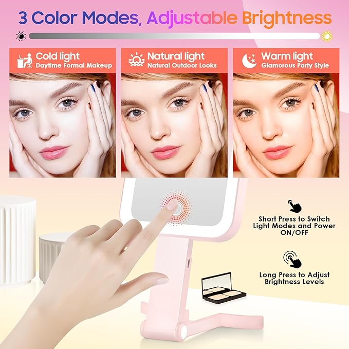 GOMIPURU Magnifying Travel Mirror with Light, 30X/1X Double-Sided Magnifying Mirror with 3 Color Lights, Brightness Adjustable,Foldable Handheld Makeup Mirrors Portable for Travel and Desktop Use,Pink