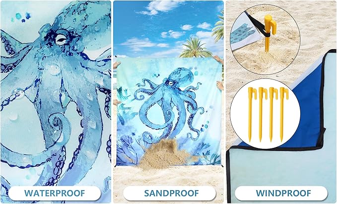 Beach Blanket Waterproof Sandproof Beach Mat for 1-8 Adults Quick Drying Durable Outdoor Picnic Mat for Beach Festival Travel Camping Hiking (BL-Octopus, 79"×83"(4 Person))