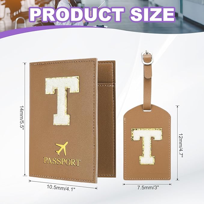 PATIKIL Passport Holder for Travel, Initial Passport Cover and Luggage Tag Set with Alphabet Chenille Letter Patch Travel Wallet Bag Suitcase Identifier for Women Family Travel Brown T