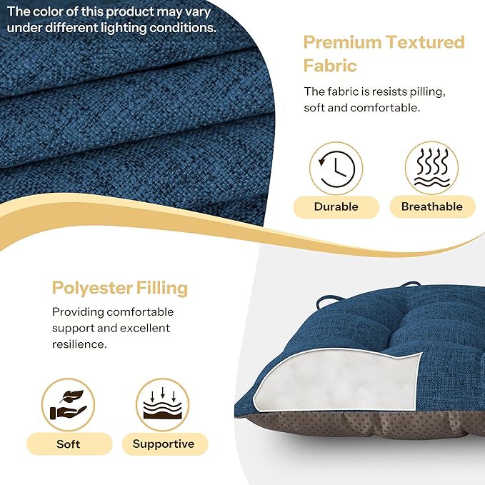 Chair Cushions for Dining Chairs Set of 2 Durable D-Shaped Seat Cushions with Non-Slip Backing Secure Ties Thick Cozy Seat Pad for Kitchen Dining Room Office(18x16.5x3in Navy)