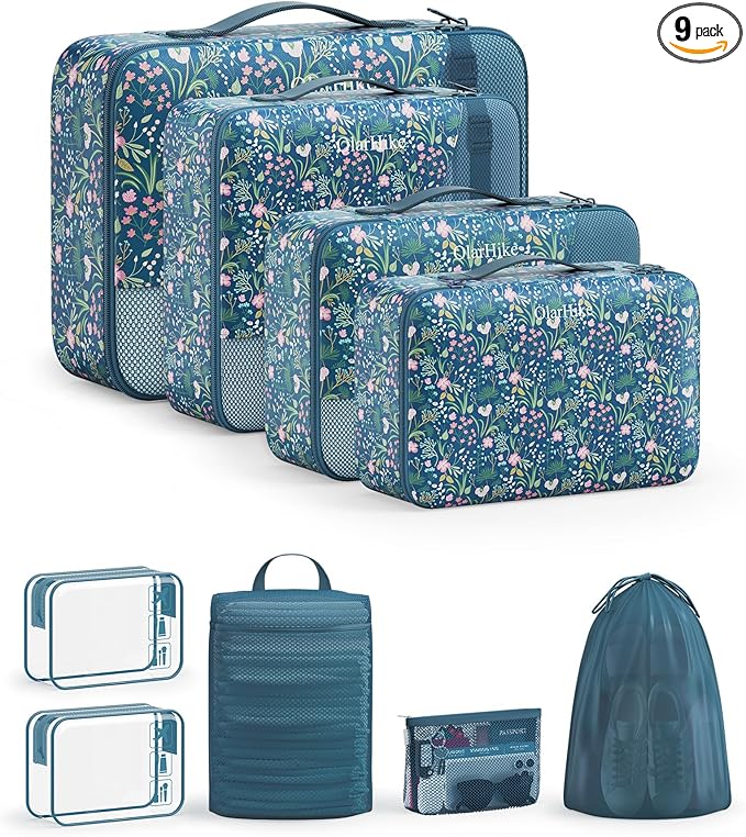 11 Set /9 Set Packing Cubes for Travel,Gifts for Women Mom Kids,TSA Approved Bags for Makeup,Cosmetic, Toiletry,Organizers for Suitcase Carry On,Cruise Essentials Airplane Accessories,Dark Blue Floral