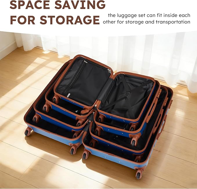 Suitour 4 Piece Luggage Sets, Hard Shell Suitcase Set with Spinner Wheels 16 20 24 28inch Travel Sets(Blue Brown)