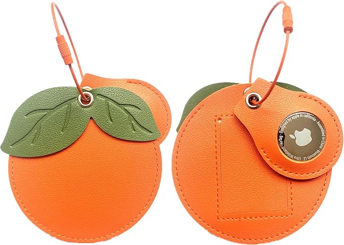 Cute Leather Luggage Tag Holder with Airtag Case Set,Hidden Compartment for AirTag Travel Suitcase Tracking Case with Stainless Steel Loop,Name ID Label(Persimmon)