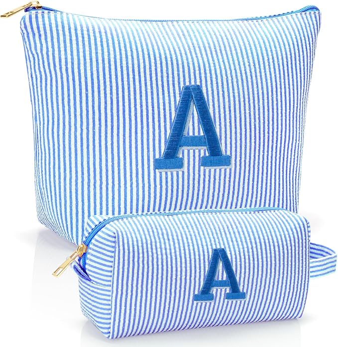 Personalized Initial Makeup Bag,Toiletry Travel Cosmetic Bag,Trendy Stuff for Teen Girls and Women,Holiday & Birthday Gift,2 Pack (A, Blue)