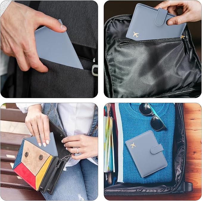 GOAUS Passport Holder for Travel with AirTag Slot Cards Cash Pocket, Faux Leather Travle Wallet Gifts for Women Men RFID Blocking Book Case Blue, AirTag Not Included