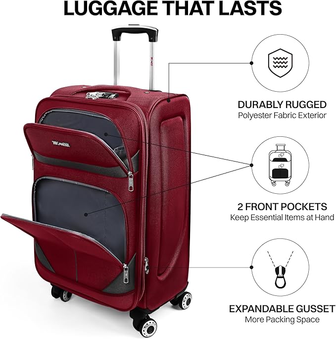 20" Luggage, Softside Suitcase with LOCK,Expandable Luggage w/Double Spinner Wheels, Lightweight Rolling Suitcases for Travel Carry On Luggage（Burgundy-Grey,20in）