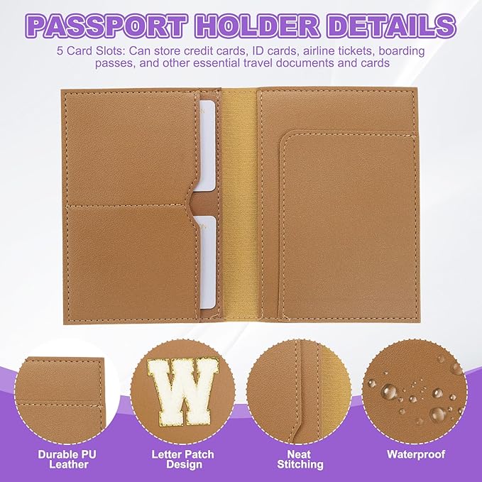 PATIKIL Passport Holder for Travel, Initial Passport Cover and Luggage Tag Set with Alphabet Chenille Letter Patch Travel Wallet Bag Suitcase Identifier for Women Family Travel Brown W