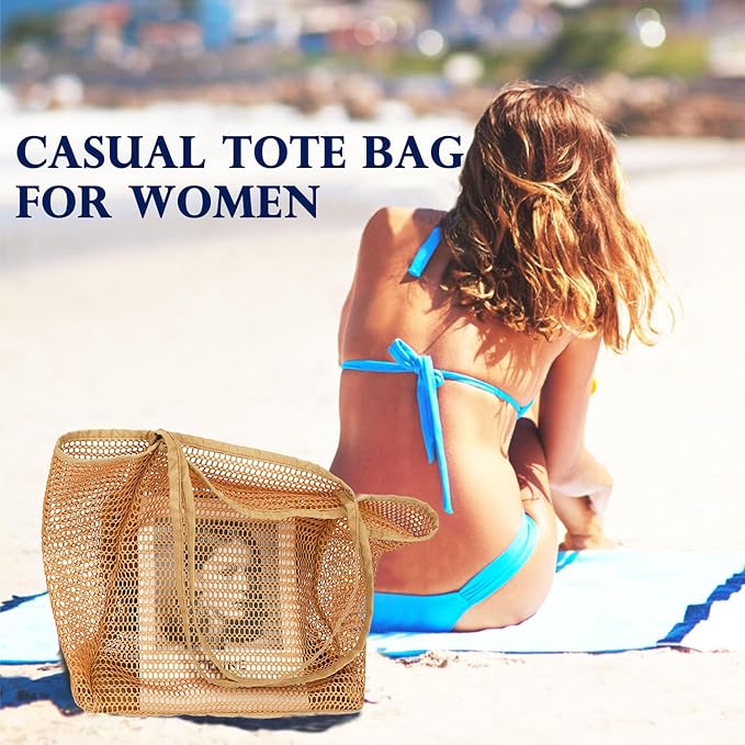 Fammart Mesh Beach Bag, Large Beach Tote with Zipper Pocket, Toys Pool Bag for Family Travel Vacation Cruise Essentials