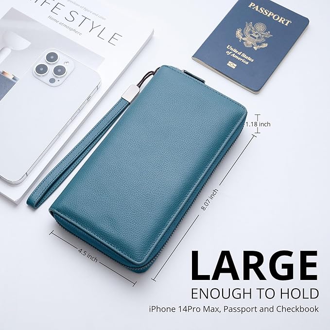 Bveyzi Women RFID Blocking Wallet Leather Zip Around Phone Clutch Large Capacity Ladies Travel Purse Wristlet | RFID Blocking, Zip Around, Large Capacity