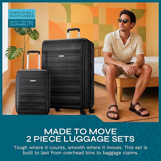 American Tourister Westridge Hardshell Luggage Set - 2 Piece Set - 20/28" Carry-On & Large Checked Luggage Set with Spinner Wheels - Expandable Hard Suitcases for Travel - Hard ABS Shell - Black