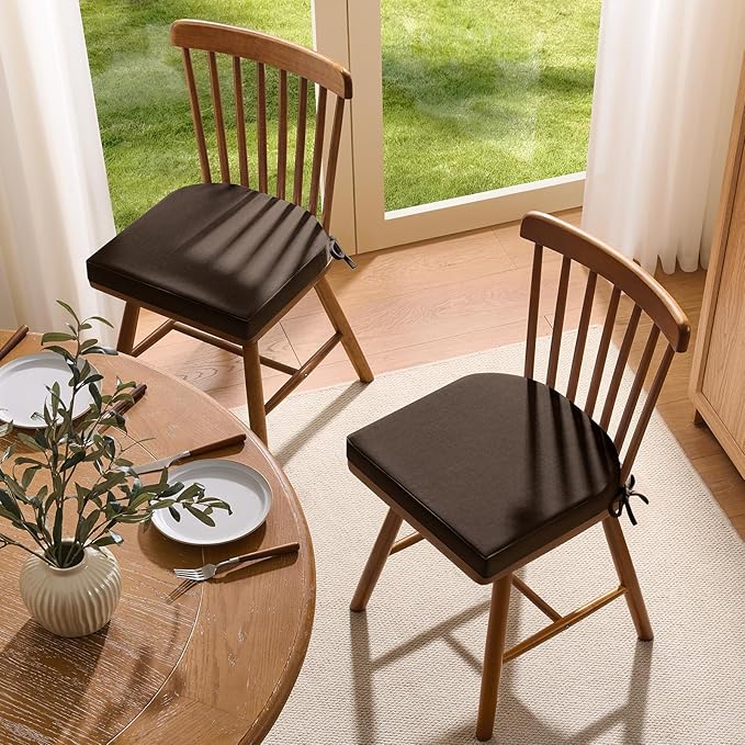 downluxe Chair Cushions for Dining Chairs, Memory Foam Linen Kitchen Chair Pads with Ties, Waterproof, Stain-Resistant and Washable Cover, 17" x 16" x 2.5", Brown, 4 Pack
