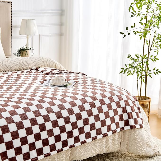 Brown Checkered Blanket, Ultra Soft Cozy Flannel - Checkered Grid Print Throws for Bed Sofa Couch, Luxury Throw Blanket for All Seasons, 50x60 Inch, Brown