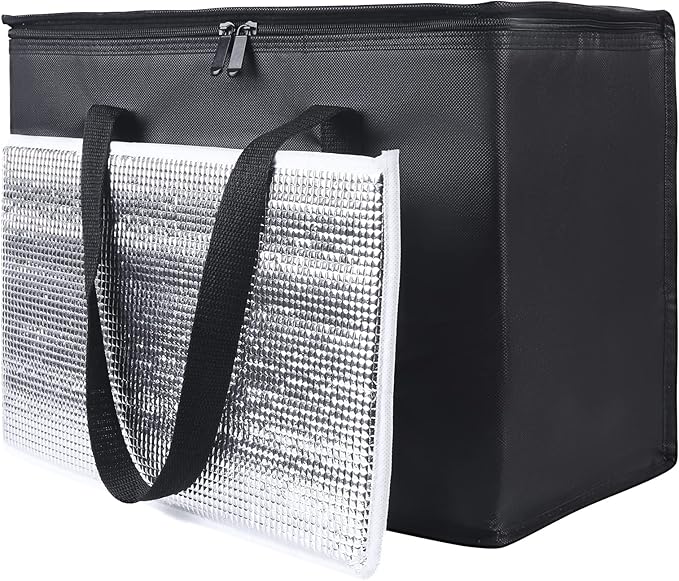 2 pack Additional Bottom Plate Black Insulated Grocery shopping bag , Delivery,pizza,reusable bags, Sturdy zipper,Collapsible,tote,cooler,thermal,Beach,waterproof heavy duty