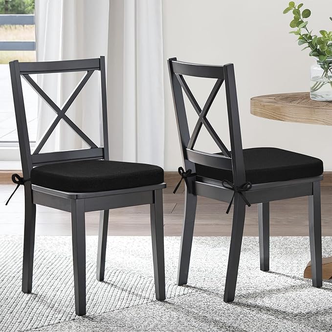 Shinnwa Dining Chair Pads, Patented Design Memory Foam Kitchen Chair Cushions with Ties and Washable Cover, 17" x 16" x 2", Black