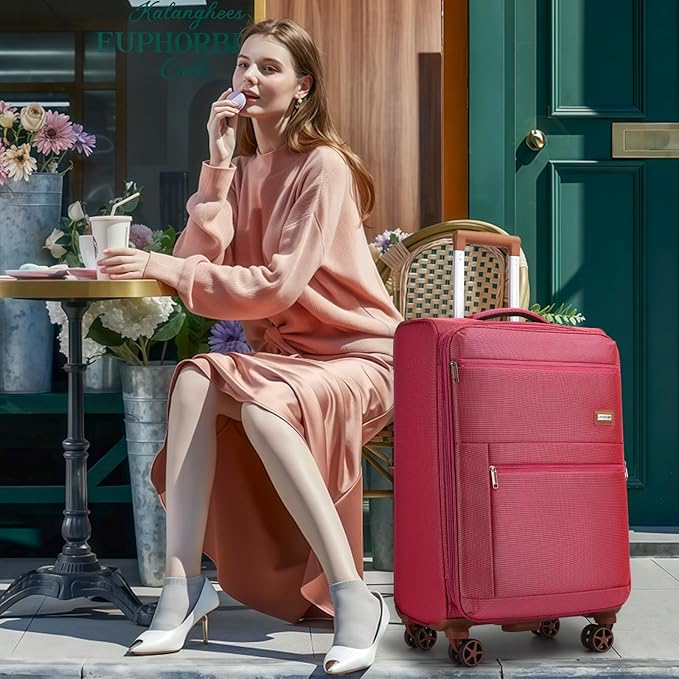 Softshell Luggage Expandable 4 Piece Set (16/20/24/28 Inch) Suitcase Softside Lightweight Luggage Travel Set Elegant Suitcase (Rose Red)