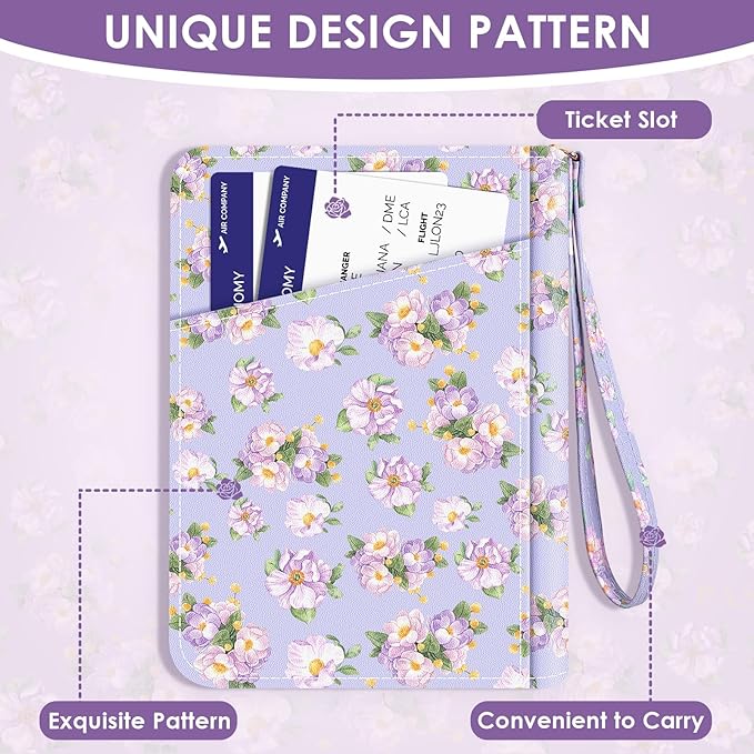 KONVINIT Passport Holder For Travel, RFID Blocking Leather Passport Cover For Travel Accessories, Passport Wallet with Zipper Closure, Cute Passport Book for Women and Men, Purple Flowers