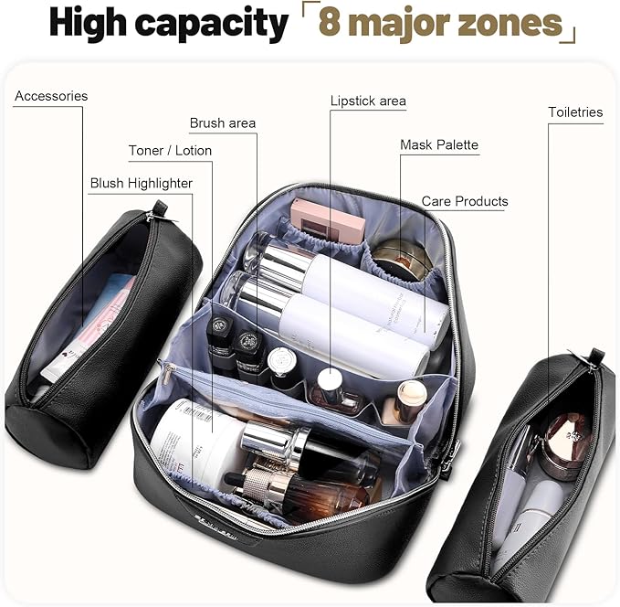 BOYATU Travel Makeup Bag Cosmetic Bags for Women: Large Capacity 3 Pcs Set Make up Bag with Compartments - Waterproof Vegan Leather Toiletry Organizer Bags with Handle (L26Black)