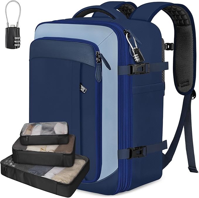 Vancropak 40L Carry On Travel Backpack, Flight Approved Expandable Weekender Bag with 3 Packing Cubes, Suitcase Backpack Fits 17" Laptop, Water Resistant Anti Theft Daypack Bag for Men Women, Blue