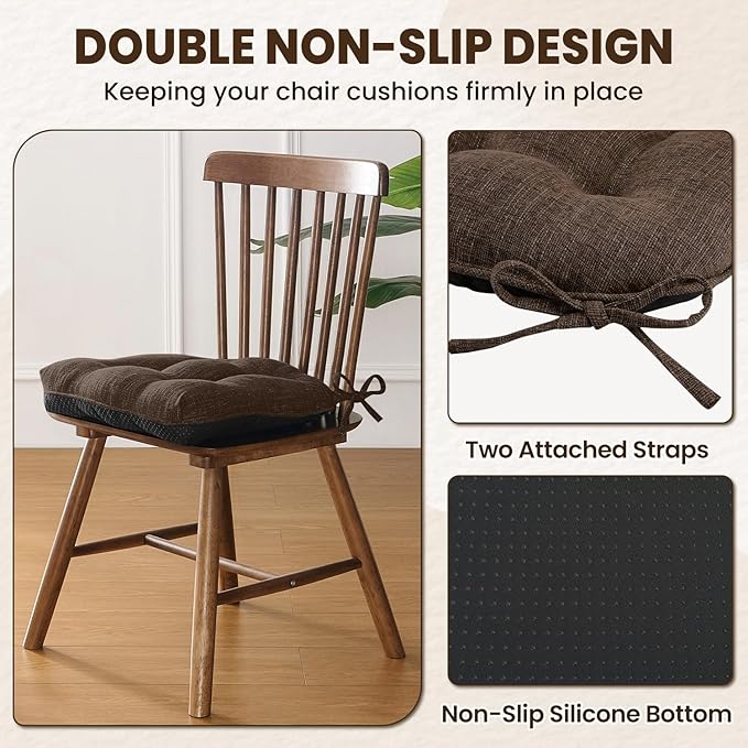 downluxe Indoor Chair Cushions for Dining Chairs, Tufted Overstuffed Textured Foam Kitchen Chair Pads with Ties and Non-Slip Backing, 15.5" x 15.5" x 4", Brown, 4 Pack