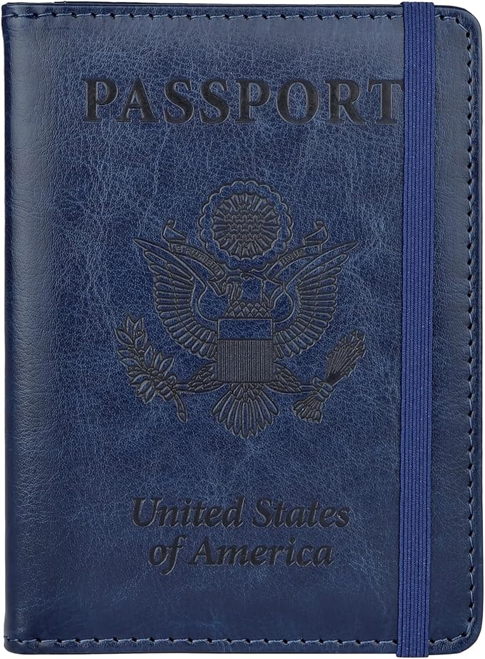 Passport Holder for Travel,Leather Passport Holder RFID Blocking Passport Cover Wallet Passport Case with Pen Holder Passport Holders for Travel Women Men Family Travels Must Haves Essential,Navy Blue