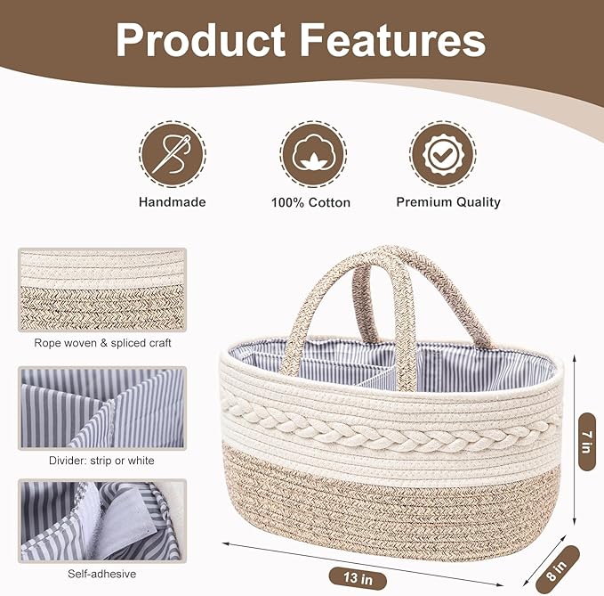 Baby Diaper Caddy Organizer, Portable Nursery Storage Basket with Changeable Compartments, 100% Cotton Woven Rope Baskets, Car & Changing Table Tote, Newborn Gift