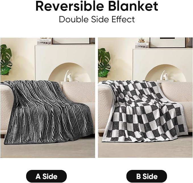 Snuggle Sac Checkered Throw Blanket, Black Fluffy Faux Fur Reversible Soft Microfiber Warm Throw Blankets for Couch,Sofa,Travel,Cozy Lightweight Striped Blankets for Women,Heather Black,50x60 inches