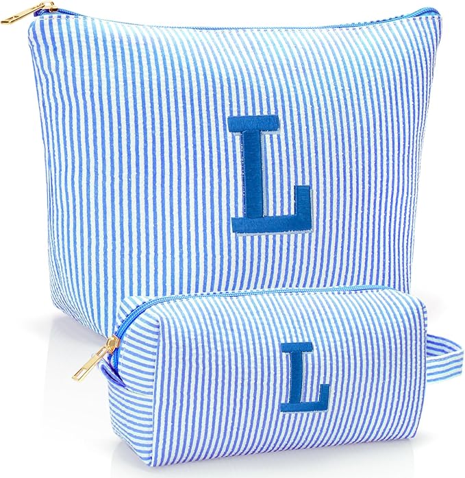 Personalized Initial Makeup Bag,Toiletry Travel Cosmetic Bag,Trendy Stuff for Teen Girls and Women,Holiday & Birthday Gift,2 Pack (L, Blue)