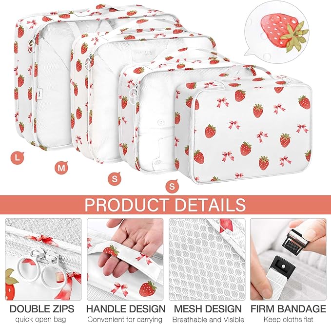 KPX 8 Set Packing Cubes for Travel, Luggage Packing Organizers Accessories Large Toiletries Bag for Clothes Shoes Cosmetics (Strawberry+Butterfly)