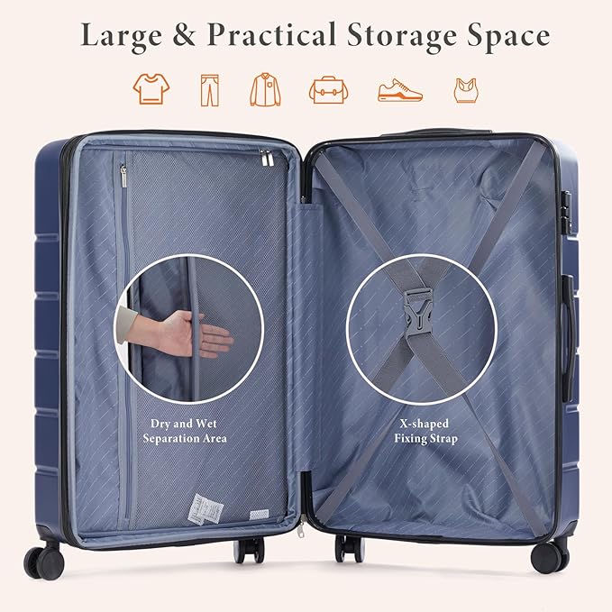 Sweetcrispy Carry on Luggage, Hard Shell ABS Suitcase with Double Spinner Wheels, Lightweight Expandable Rolling Suit Case with TSA Lock, 20 Inch Navy Blue