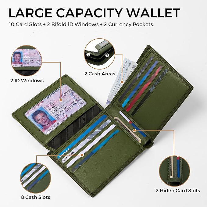 RUNBOX Leather Wallet for Men, Genuine Leather Mens Wallet Bifold Rfid Blocking with 12 Cards and 2 ID Windows, Minimalist Wallet for Men with Gift Box