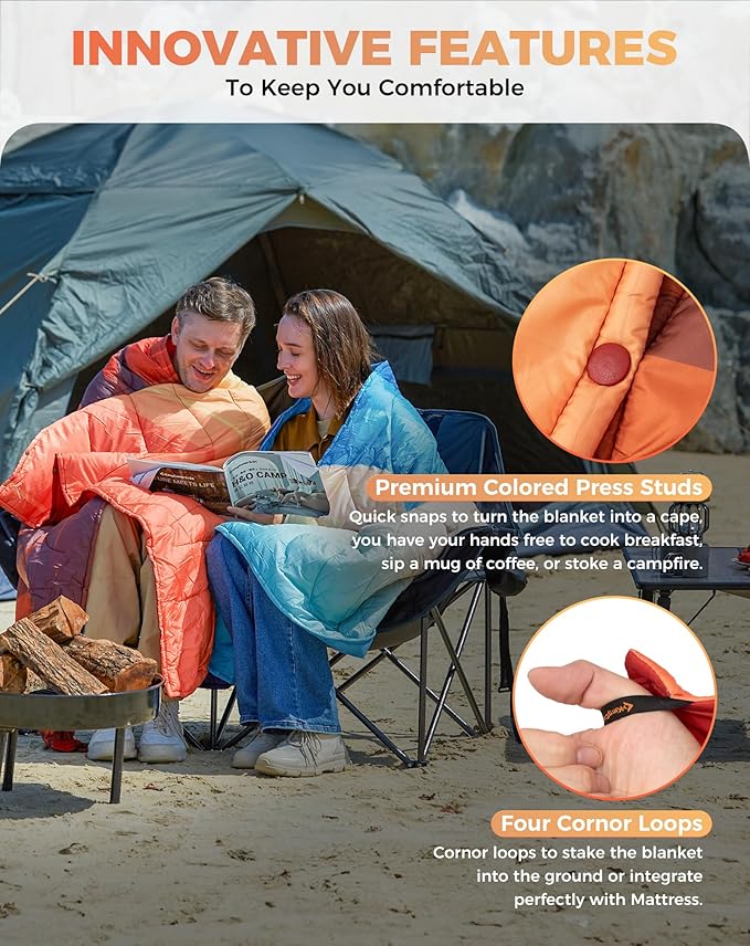 KingCamp Ultralight Camping Blanket, Packable Down Alternative Puffy Printed Wearable Blanket with Snap Buttons & Corner Loops Weatherproof Quilt for Outdoor Travel Stadium (78.7" x 57.1", Cactus)