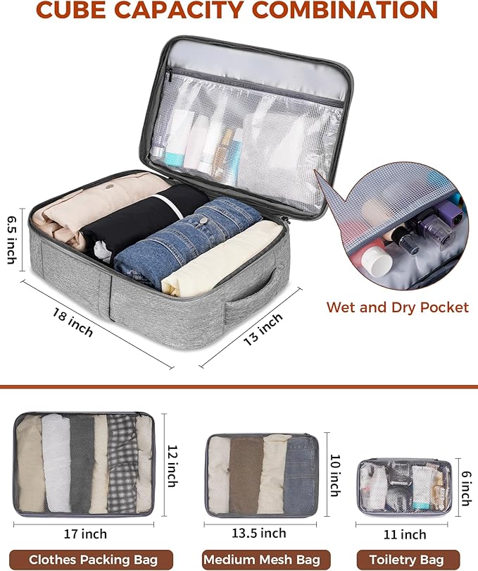 Vancropak Carry on Backpack, Flight Approved 18x14x8 Travel Backpack with 3 Packing Cubes, Expandable Large 40L Travel Bag fits 17.3" Laptop, Anti Theft Luggage Suitcase Weekend for Women Men, Grey