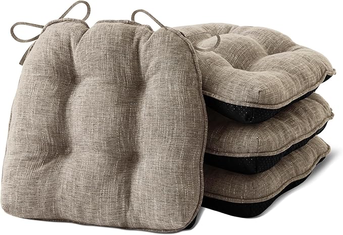 Chair Cushions for Dining Chairs Set of 4, Kitchen Chair Cushions, Chair Pads with Ties and Non Slip Backing, Tufted Memory Foam Seat Cushion 4 Pack, 18" x 18" x 4", Khaki
