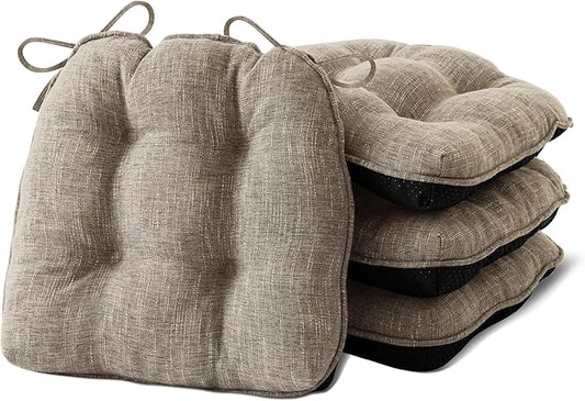 Chair Cushions for Dining Chairs Set of 4, Kitchen Chair Cushions, Chair Pads with Ties and Non Slip Backing, Tufted Memory Foam Seat Cushion 4 Pack, 18" x 18" x 4", Khaki