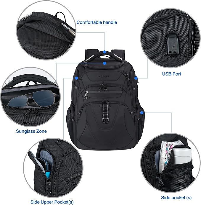 KROSER TSA Friendly Travel Laptop Backpack 18.4 inch XXXL Gaming Backpack Water-Repellent College Daypack Business Backpack with RFID Pockets & USB Port for Men/Women-Black | TSA Friendly, Water-Repellent, College Daypack, Business Backpack, RFID Pocke...