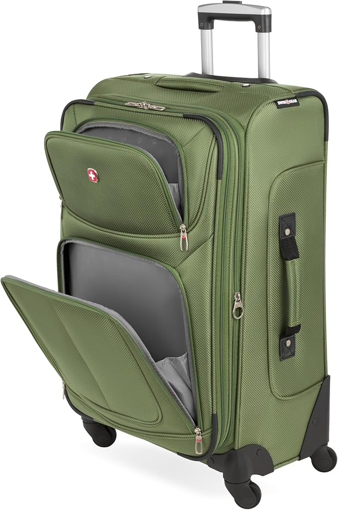 SWISSGEAR Sion Softside Expandable Spinner Luggage Durable Lightweight Travel Suitcase, Evergreen, Checked-Medium 25-Inch