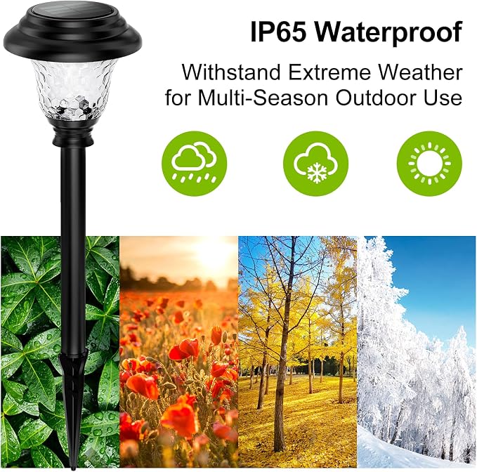 Glass Solar Lights Outdoor waterproof, 2 Pack Super Bright Solar Pathway Lights, Up to 12 Hrs Long Last Auto On/Off Garden Lights Solar Powered, Stainless Steel LED Light For Yard Landscape Cool White