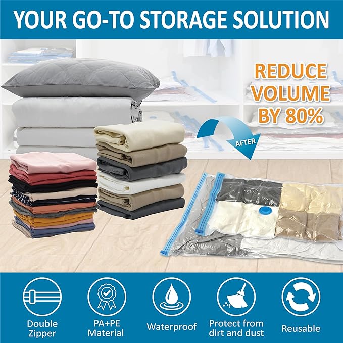 Cozy Essential Vacuum Storage Bags, 80% Compression Vacuum Seal Space Saver Plastic Packaging Bags for Clothes, Blankets, Pillow, Bedding, Comforters, Sealer Clothing Storage,20 Combo
