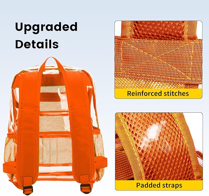 Vorspack Clear Backpack Heavy Duty PVC Transparent Backpack with Reinforced Strap Stitches & Large Capacity for College Workplace Security - Orange
